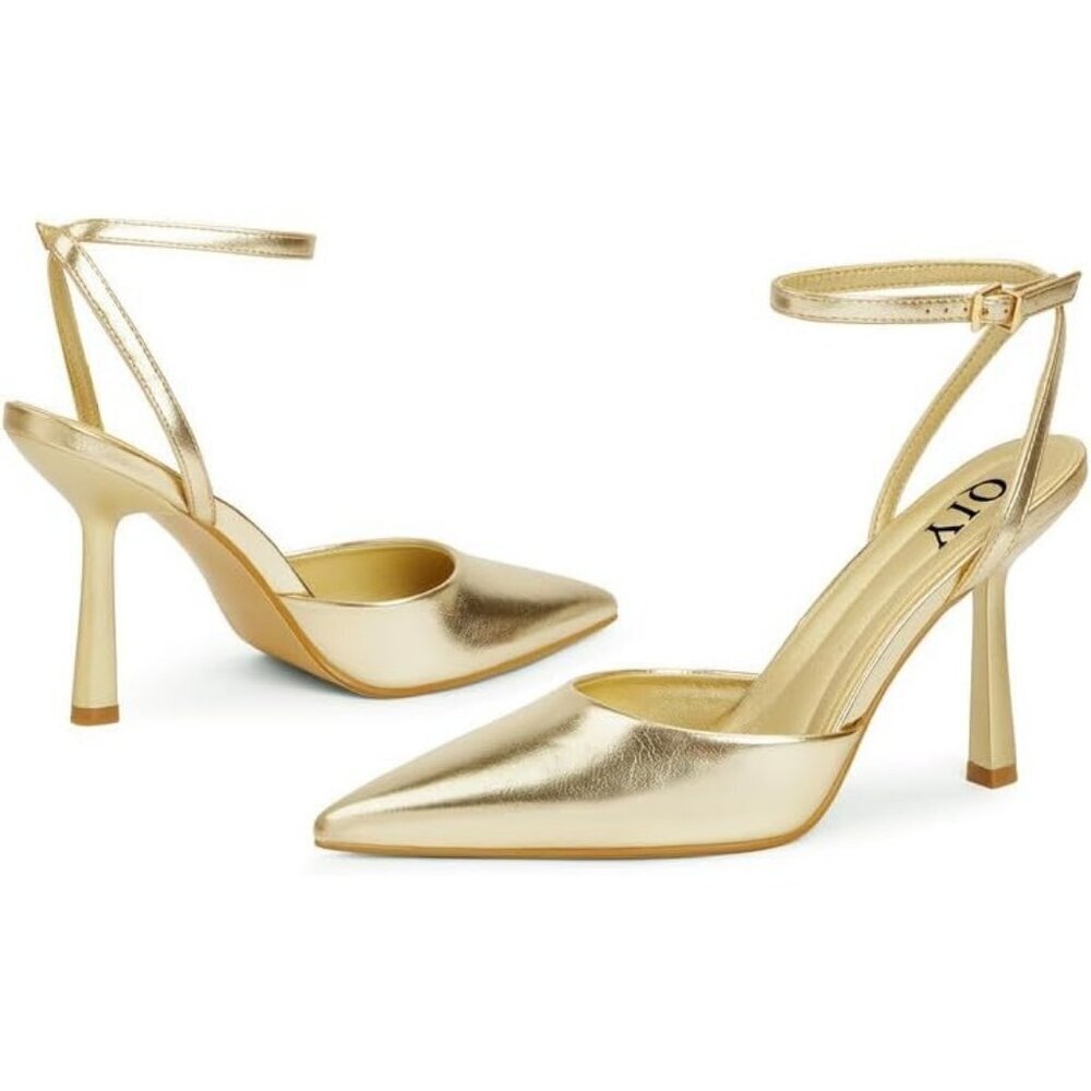 Close Toe Ankle Strap Women Brown Heels Pointed Toe Stiletto Pumps Wedding Shoes - Picture 2 of 7